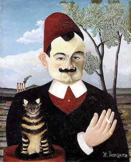 Naive art portrait of mustachioed man in red beret and sweater holding striped tabby cat against landscape with trees