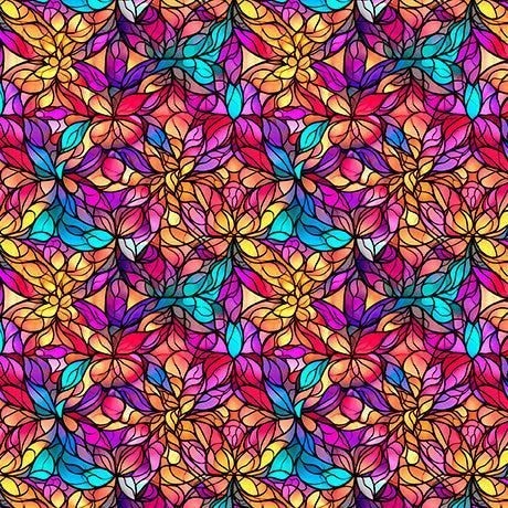 Vibrant stained glass window with geometric and floral patterns