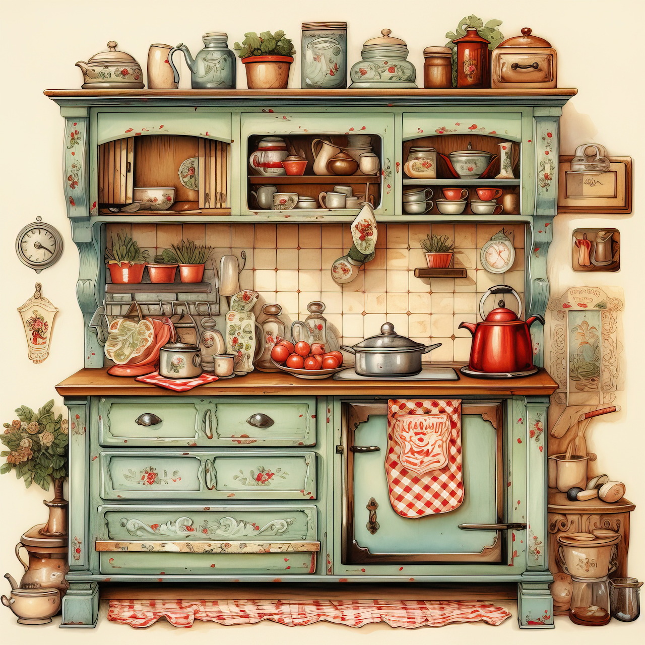 Vintage country kitchen with mint green cabinet, red kettle, pottery jars, and cookware on wooden shelves