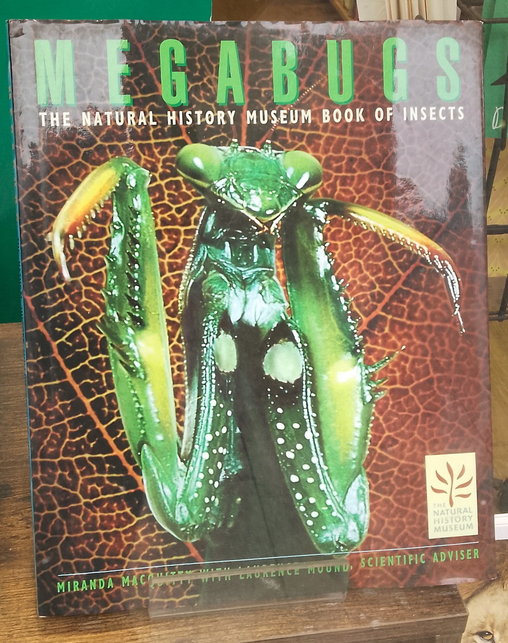 Book cover featuring a green praying mantis on a brown textured background