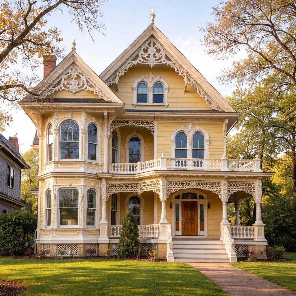 Ornate Victorian mansion with yellow siding, white trim, arched windows, and wraparound porch in autumn setting