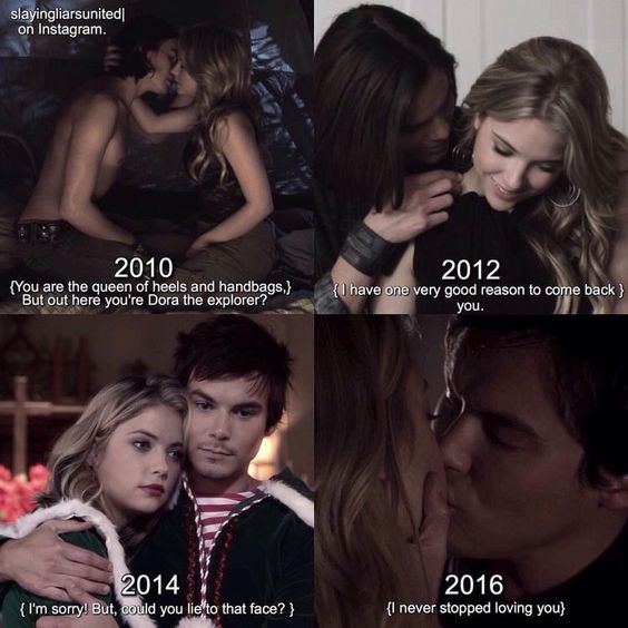 Four-panel collage of romantic couples hugging and kissing with year labels from 2010 to 2016