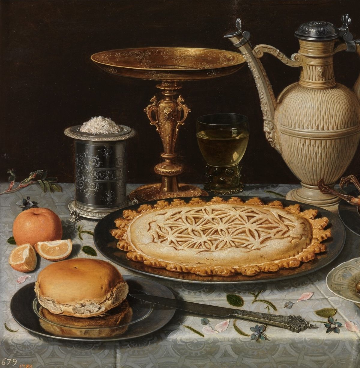Classical still life painting showing elaborate table setting with decorative pie, golden vessels, and pewter salt cellar