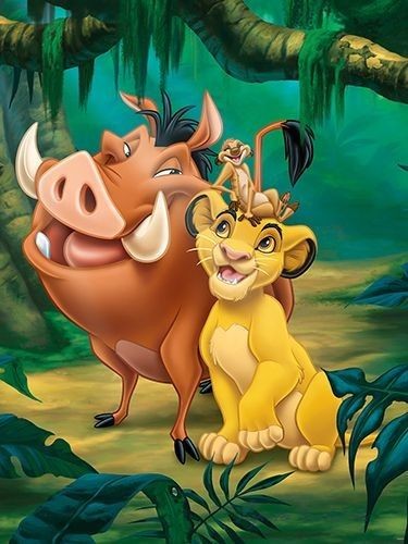 Cartoon lion cub with meerkat and warthog in tropical jungle