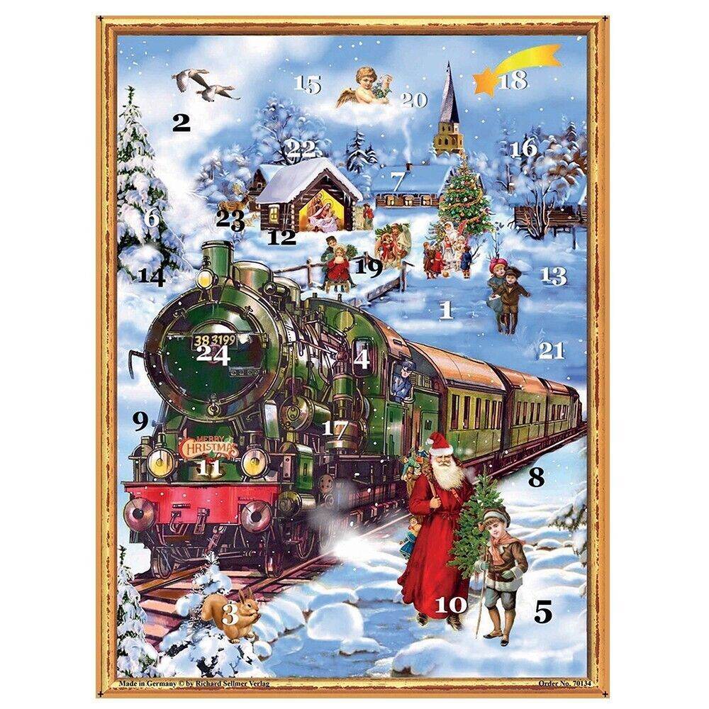 Christmas advent calendar showing steam train in snowy village with Santa, snowman, and numbered windows from 1-24