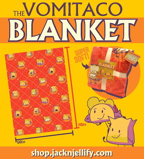 Cartoon blanket with Barf Bag and Taco BFDI characters on yellow background