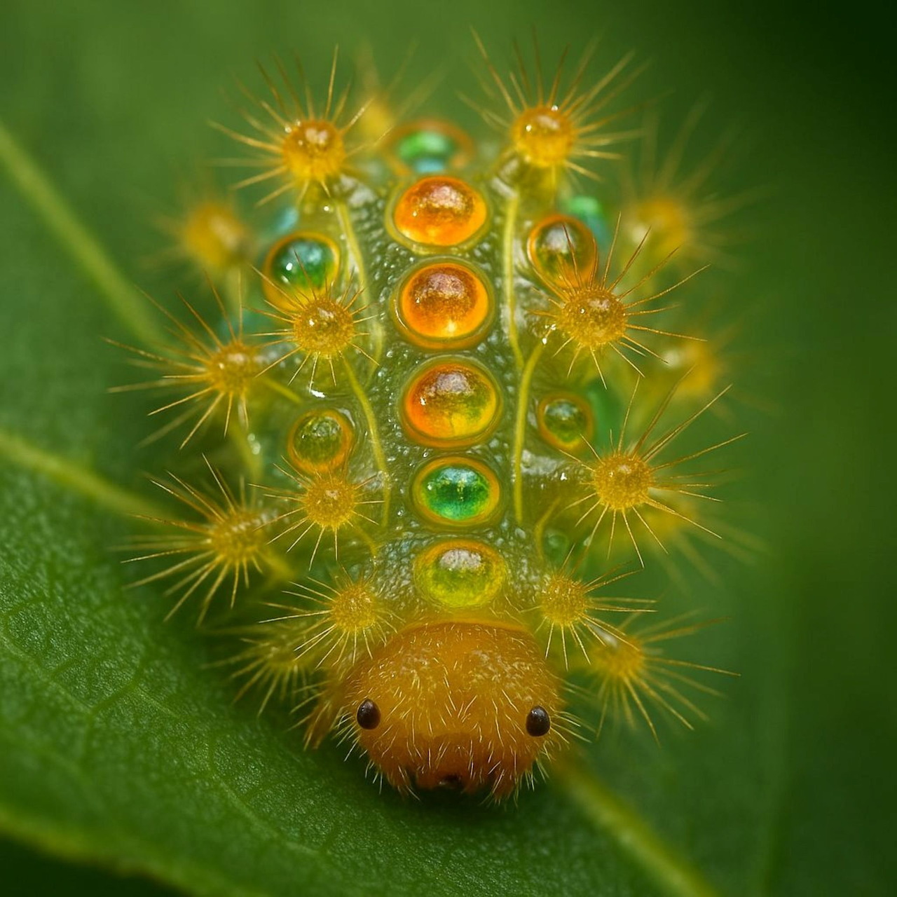 Colorful caterpillar with green gem-like spots and yellow spines on a green leaf