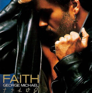 Album cover portrait of George Michael in a black leather jacket with Faith text