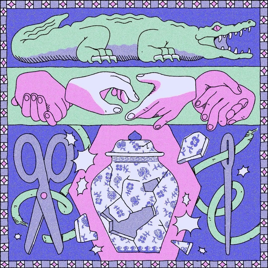 Surreal purple illustration with pink hands, a blue vase, scissors, needles, and a crocodile-like shape