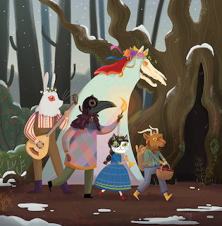 Illustration of Mari Lwyd horse skull figure with folk musicians in forest