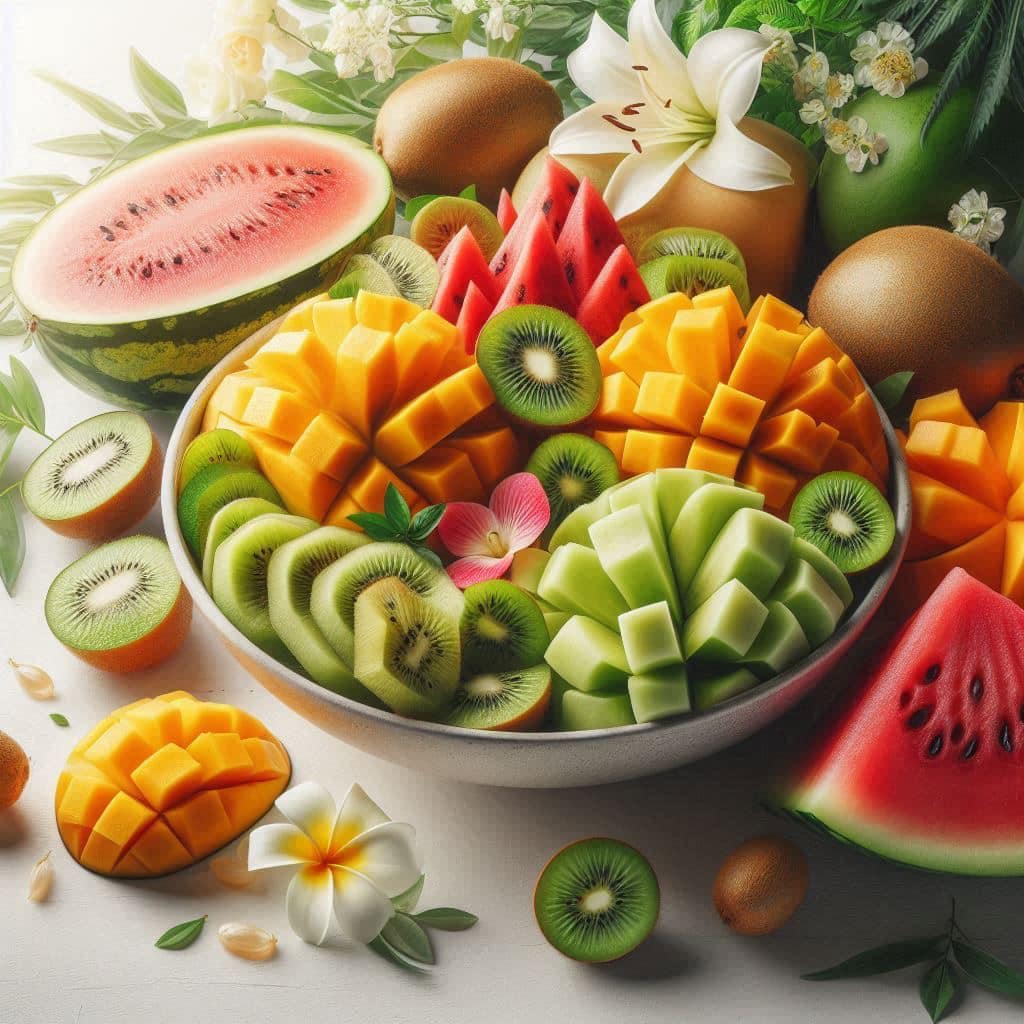 Bowl of sliced kiwi, mango, melon and watermelon surrounded by whole fruit and white flowers