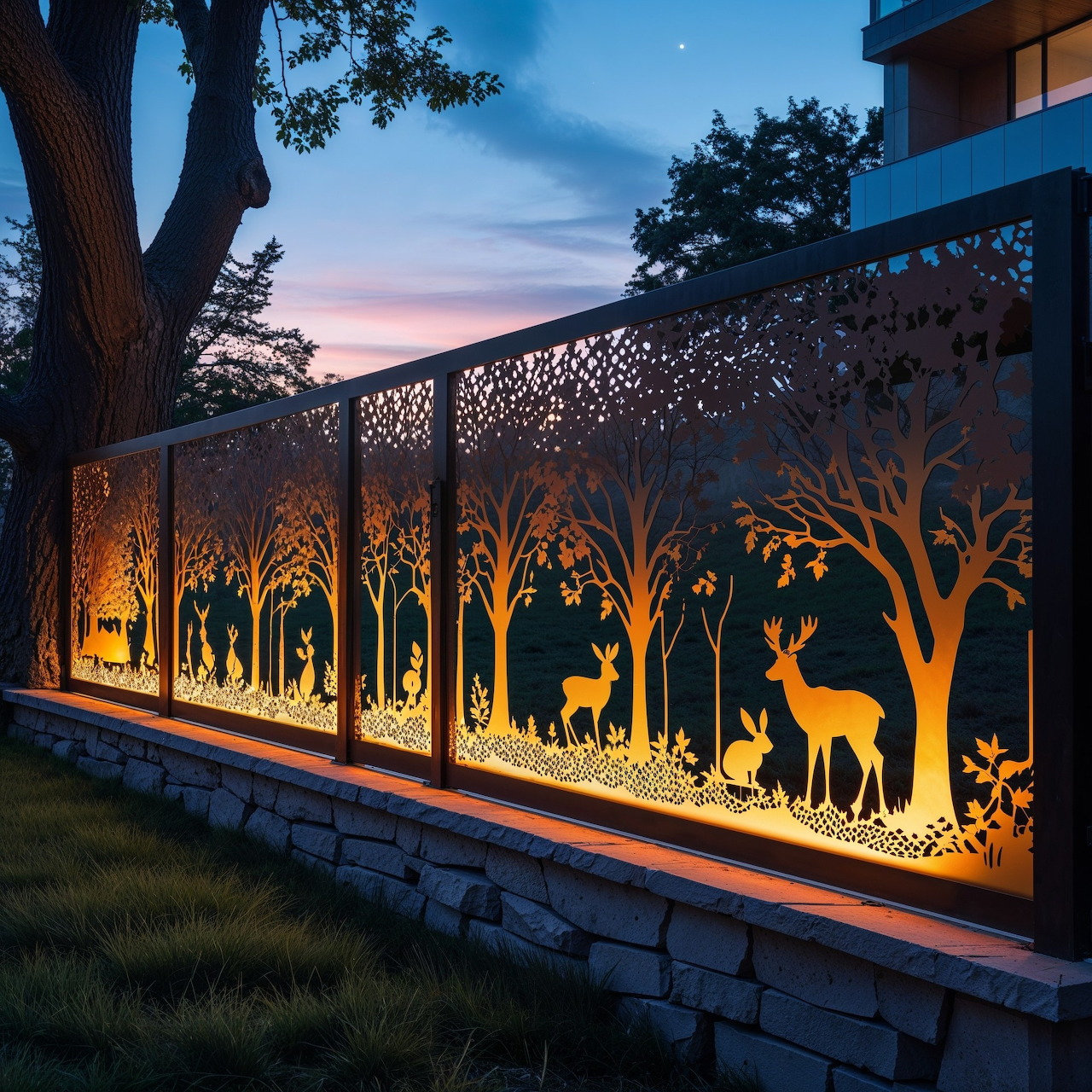 Backlit metal fence with deer and tree silhouettes glowing at dusk in a garden setting