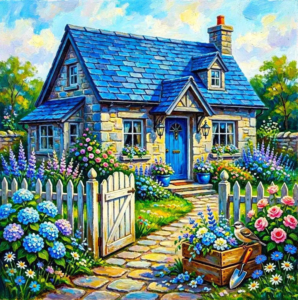 Blue-roofed cottage with a white picket fence and colorful flowers in a lush garden