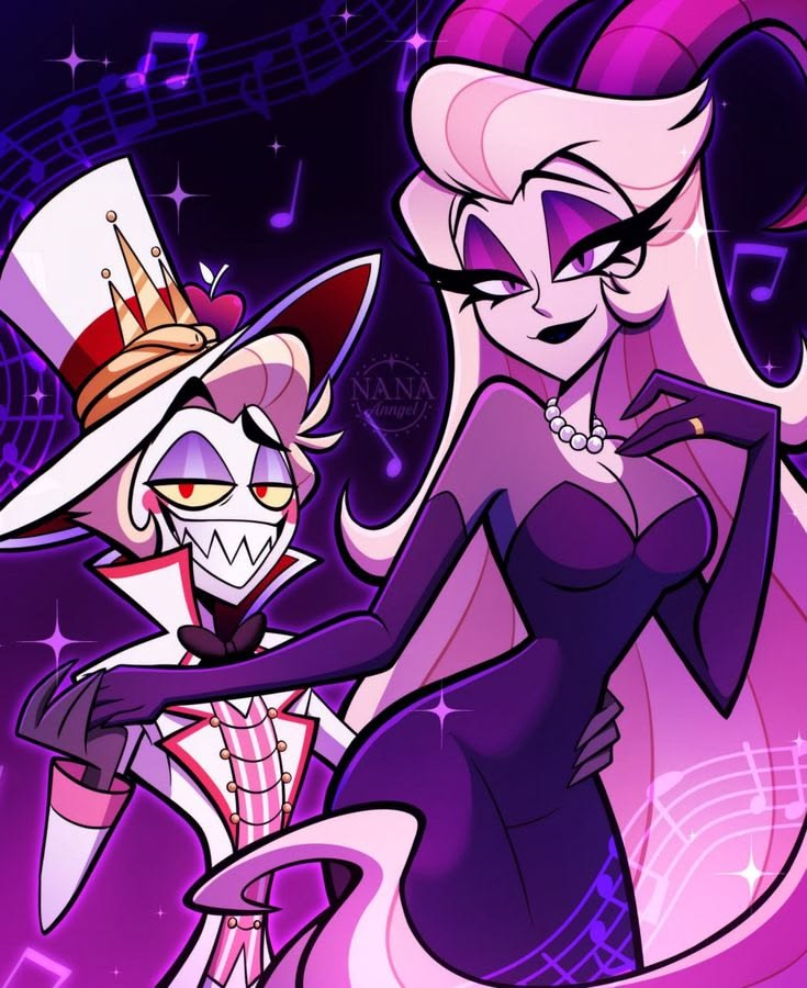 Stylized cartoon Lucifer in top hat and Lilith in black dress posing together on purple background with music notes