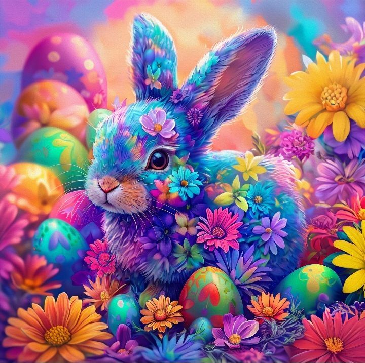 Colorful bunny surrounded by flowers and painted Easter eggs