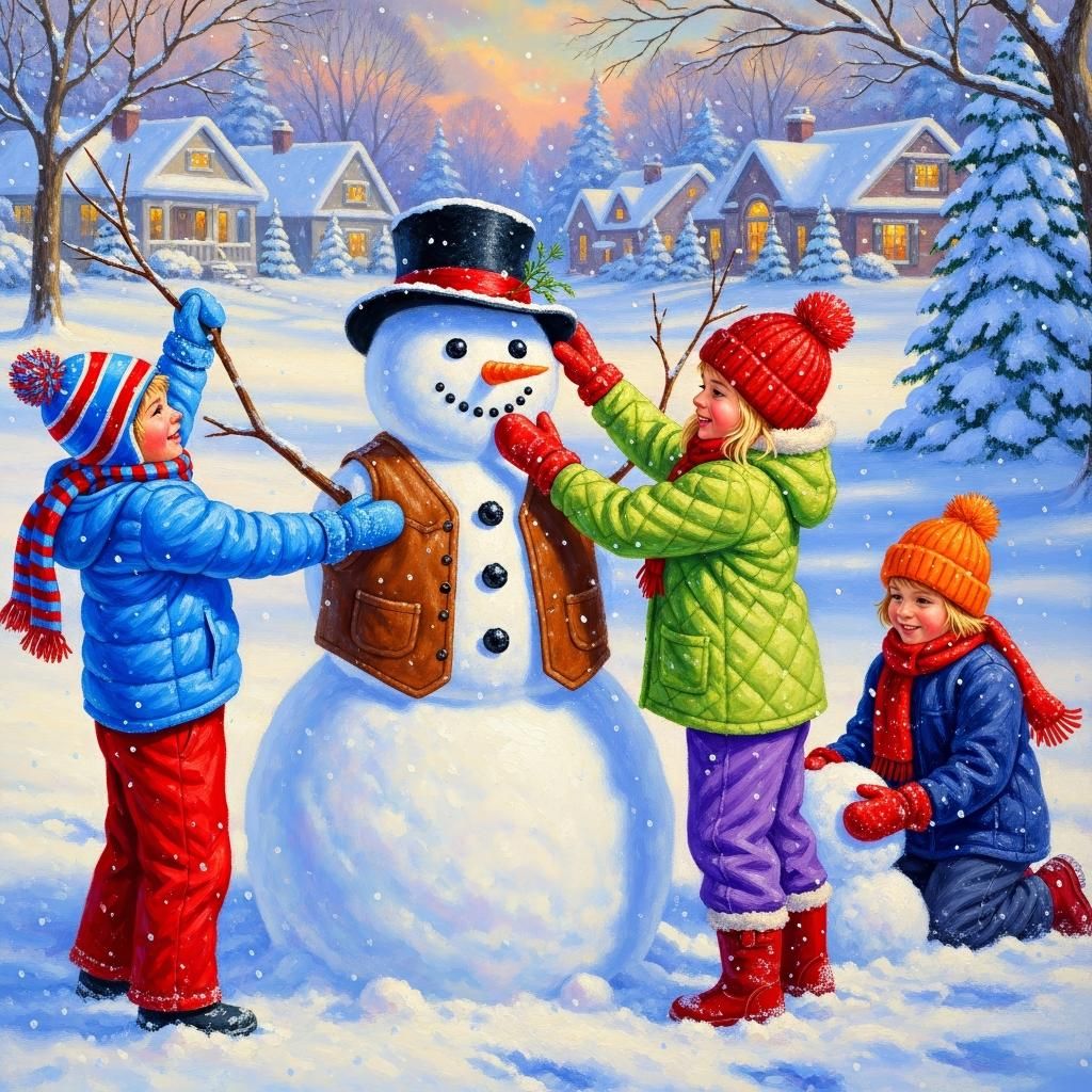 Three children in winter clothes building a snowman with top hat in snowy village scene