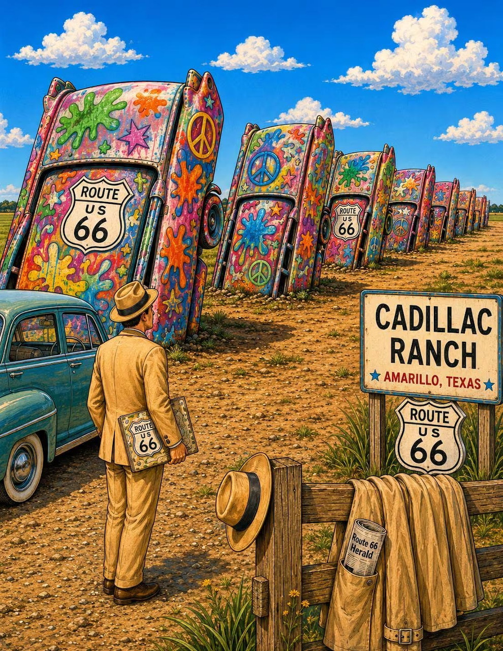 Colorful graffiti-covered Cadillac cars buried in desert ground at Cadillac Ranch with Route 66 sign