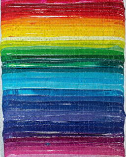Abstract painting of thick horizontal rainbow paint stripes