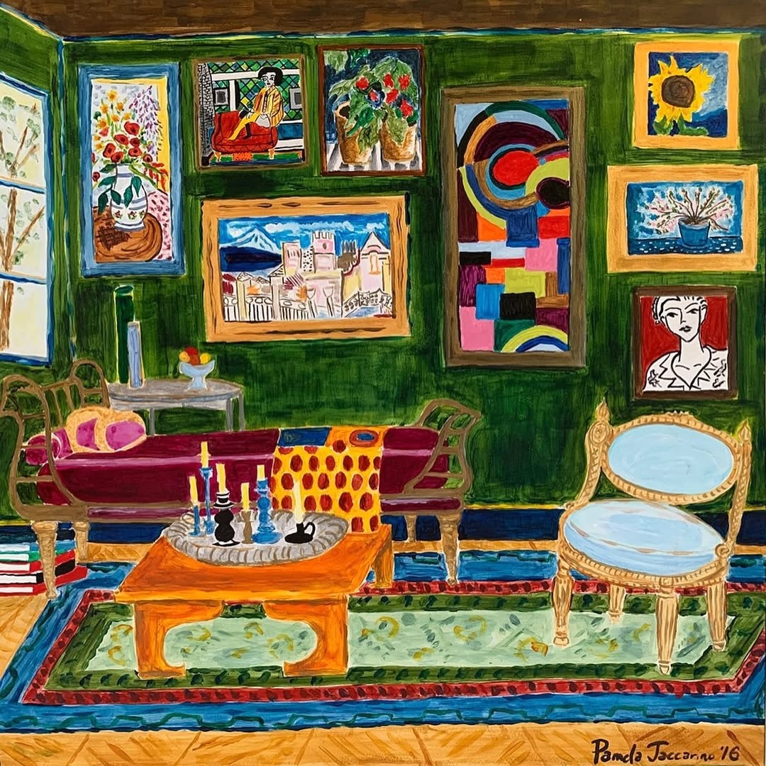 Colorful painting of living room with green walls covered in framed artworks, patterned chairs and table on layered rugs