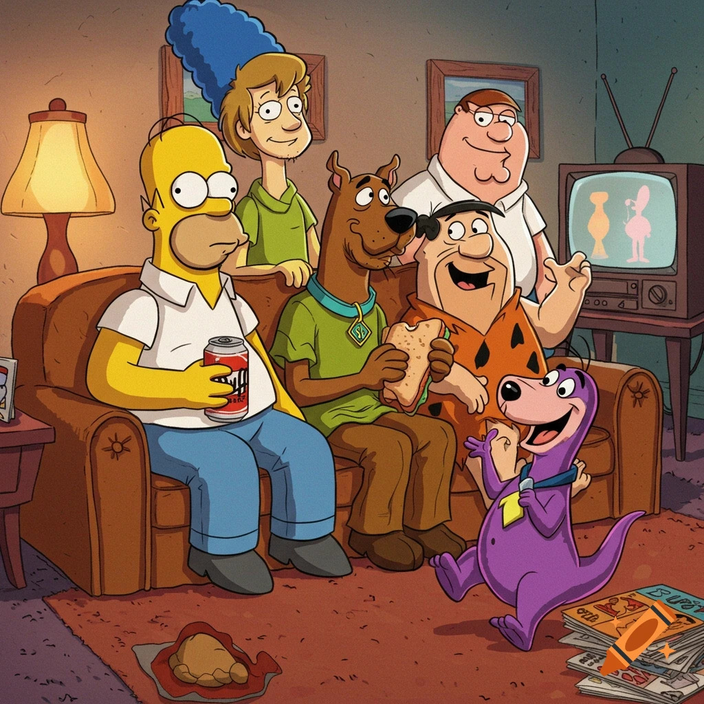 Cartoon crossover scene with Homer, Peter, Shaggy, Scooby-Doo, Fred Flintstone, and Courage in a living room