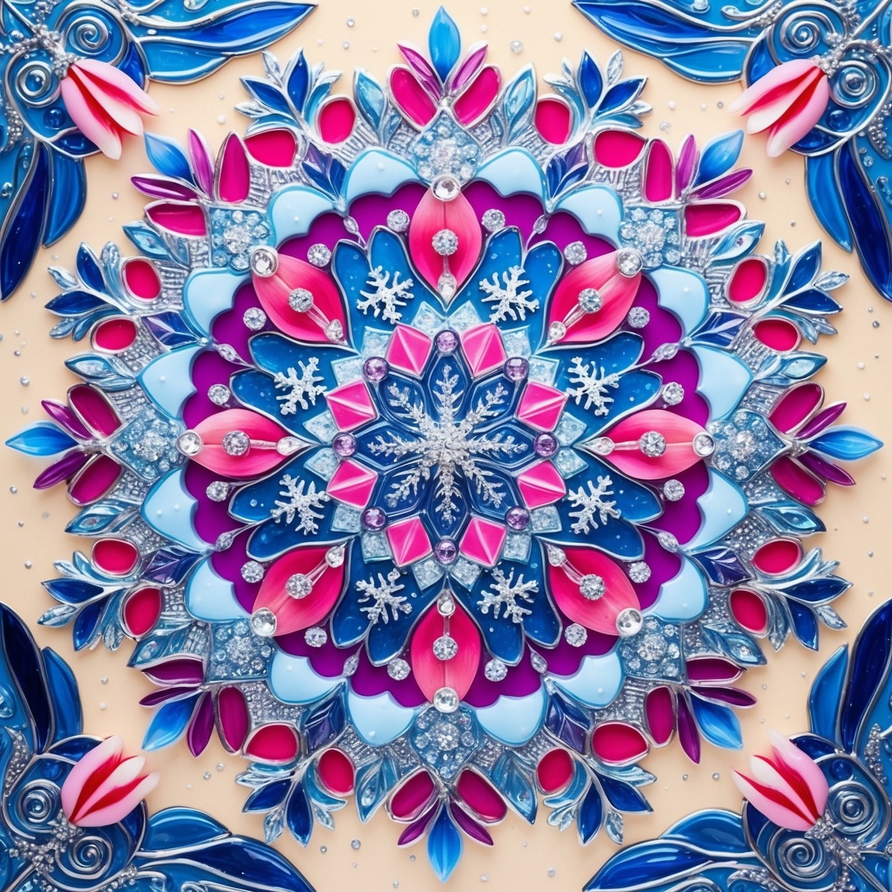 Symmetrical mandala with pink, blue, and purple floral layers and ornate corner decorations on beige background