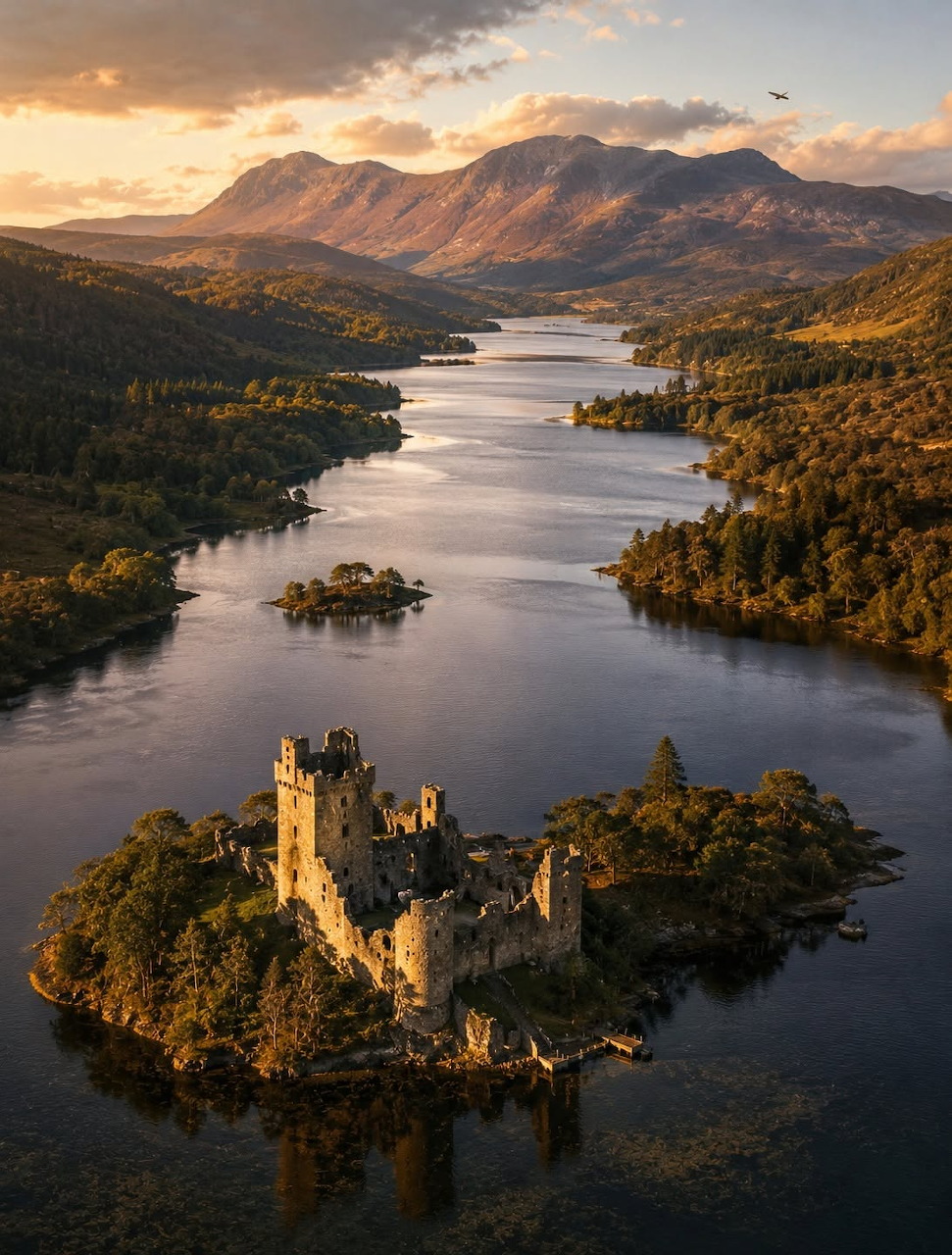 Aerial view of a ruined castle on an island in Loch Awe, Scotland, with mountains and golden sunset light