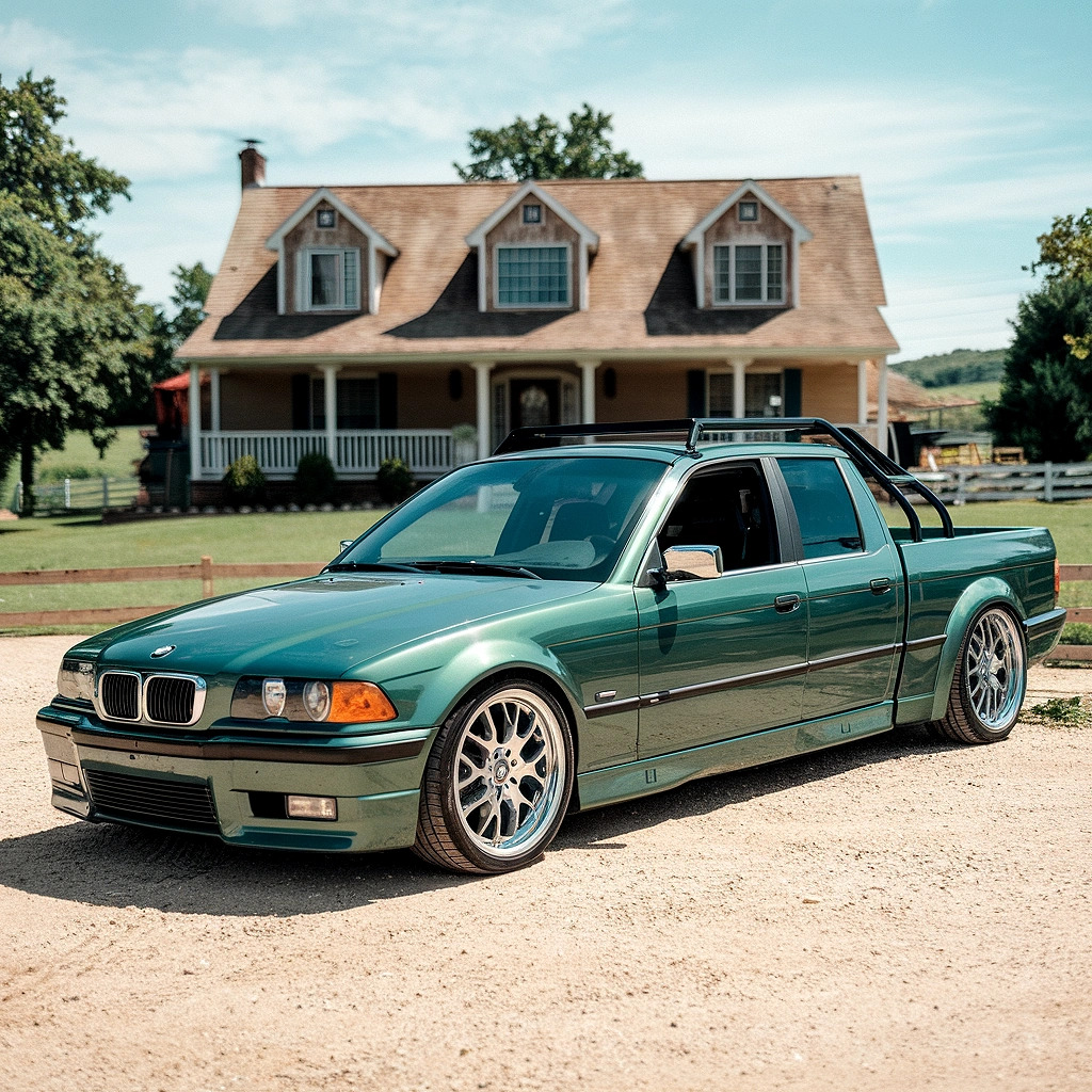 Green BMW pickup truck conversion parked in residential driveway with house in background