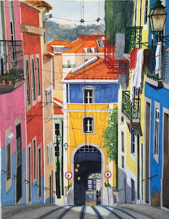 Painting of a narrow colorful street in Lisbon's Bica neighborhood with tram tracks and tiled roofs
