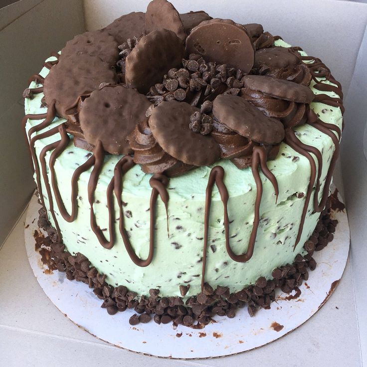 Mint green frosted cake with chocolate drizzle and cookie pieces on top