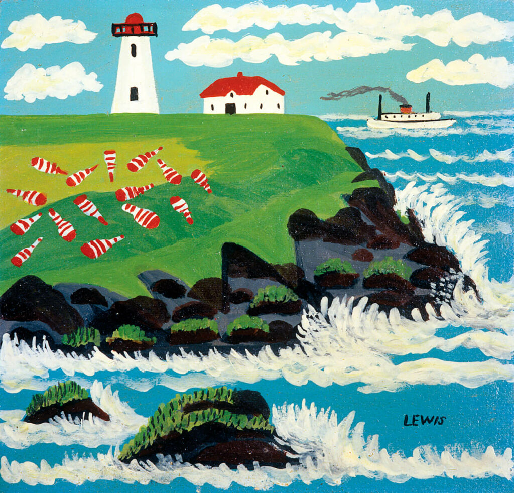 Folk art painting of a lighthouse on a cliff with ocean waves and a steamer in the distance