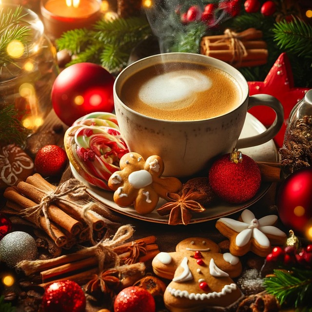 Coffee cup surrounded by Christmas decorations, gingerbread cookies, ornaments, and festive greenery
