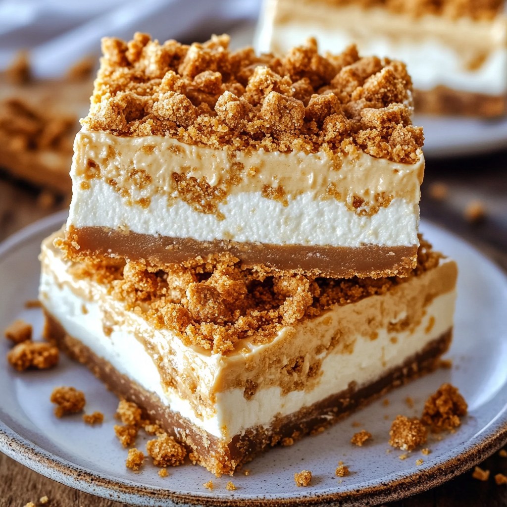 Two stacked caramel cheesecake bars with crumb topping on a white plate