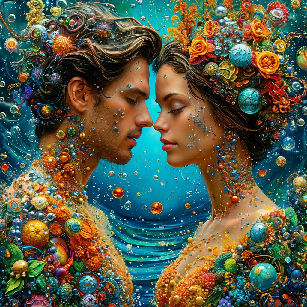 Two faces in profile facing each other, surrounded by colorful flowers and decorative swirls on teal background