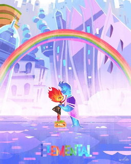 Fire and water elemental characters embracing under rainbow in colorful fantasy cityscape