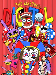 Cartoon characters from The Amazing Digital Circus grouped together on red background with colorful title text