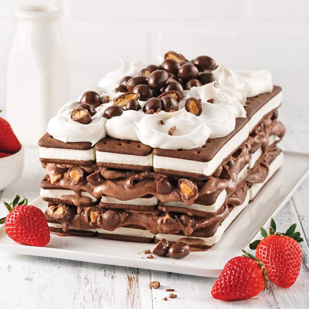 Layered chocolate icebox cake with whipped cream, hazelnuts, chocolate chips, and strawberries on white plate
