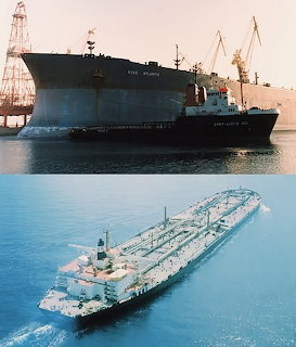 Two photographs of the Esso Atlantic oil tanker, one at dock and one aerial view at sea