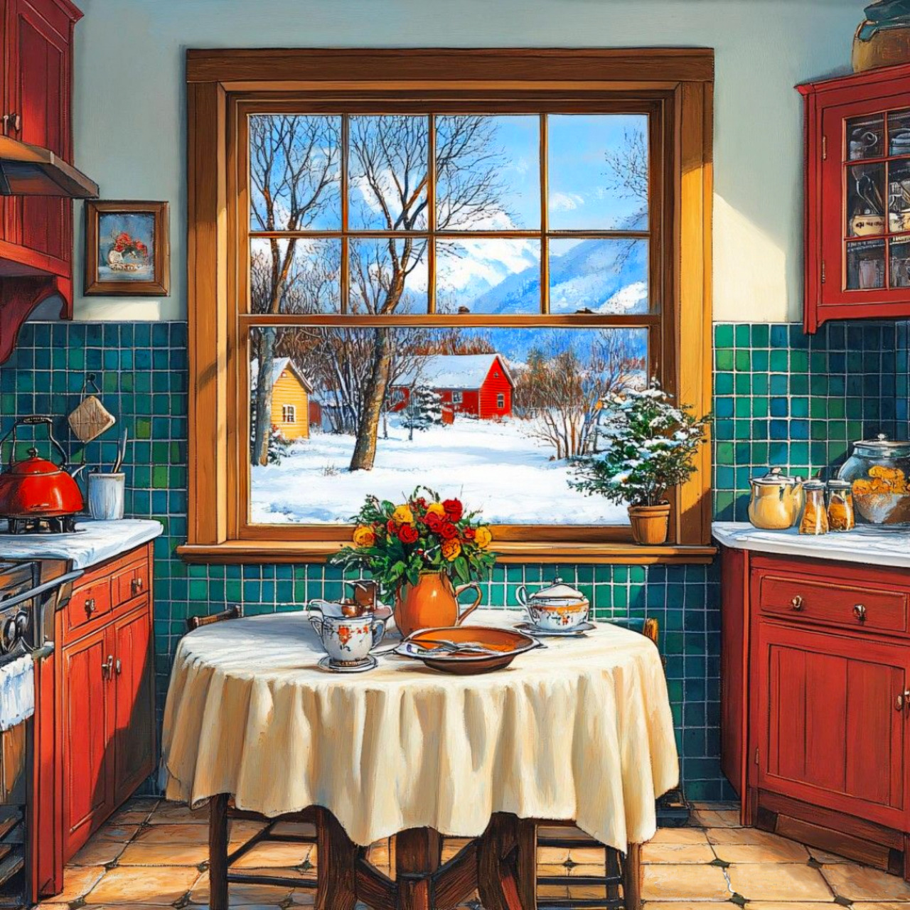 Rustic kitchen with turquoise tiles, red cabinets, dining table, and window overlooking snowy winter scene with barn
