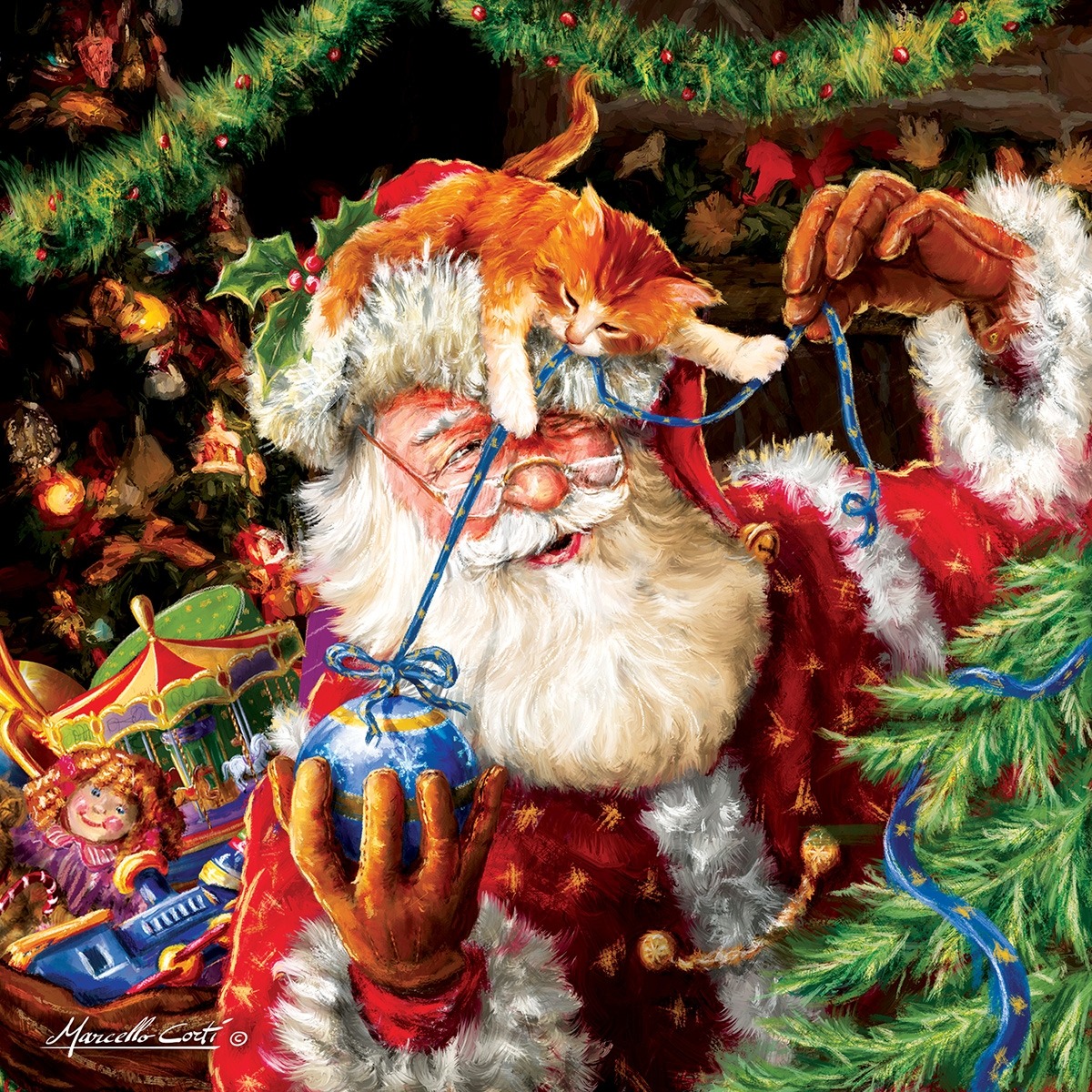 Painting of Santa Claus with an orange cat on his hat, holding ribbon near a decorated Christmas tree