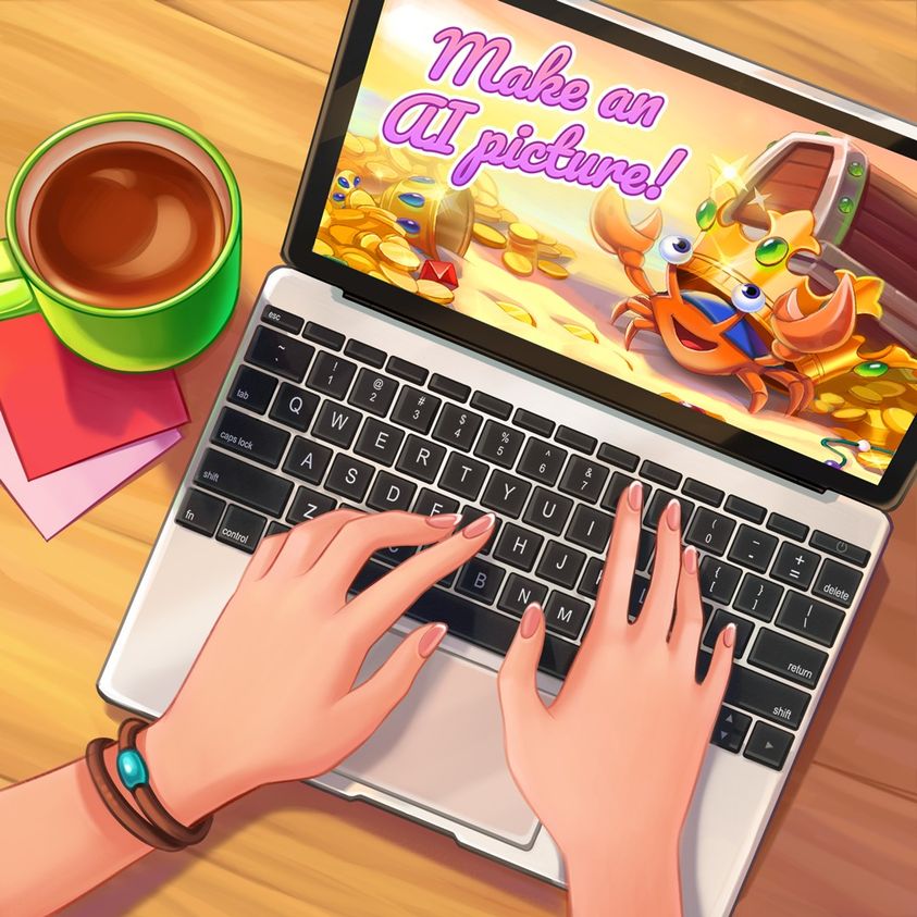 Illustration of hands typing on a laptop next to a cup, with a colorful AI picture on the screen