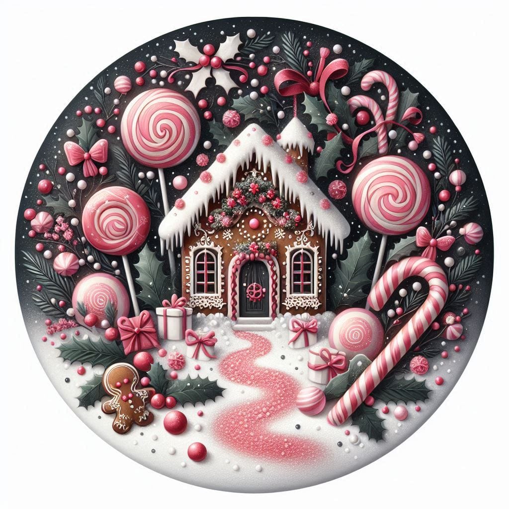 Illustrated gingerbread house surrounded by candy canes, lollipops, frosting, and snow
