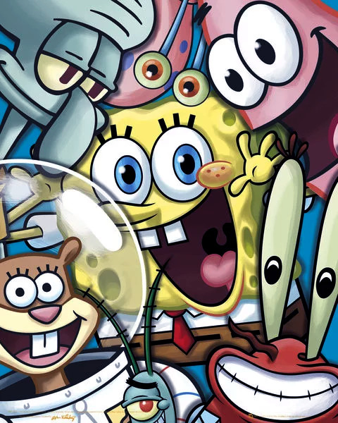 Collage of SpongeBob SquarePants characters with SpongeBob in center surrounded by Patrick, Squidward and other cartoon characters