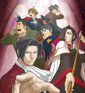 Anime cast portrait with Edgeworth in the foreground and several detective characters behind him