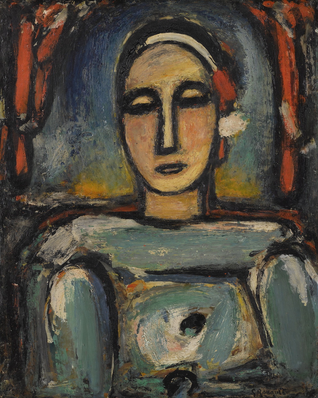 Expressionist painting of stylized Pierrot figure with dark outlines against blue background