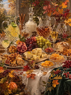 Elaborate autumn table spread with crystal glassware, fruits, cheese, bread, and colorful fall leaves