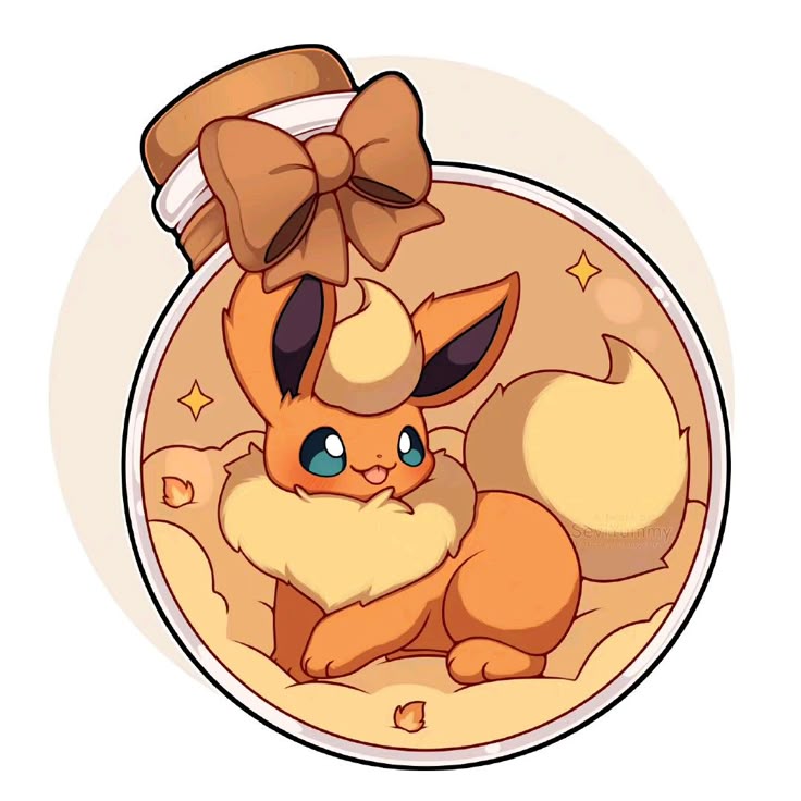 Illustration of Flareon Pokemon character with fluffy orange fur sitting in a circular frame with a brown bow decoration