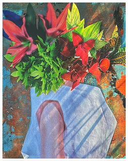 Painting of colorful flowers and green leaves in a blue vase on a textured background