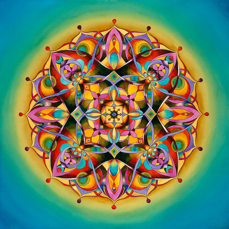 Colorful symmetrical mandala with geometric patterns and floral center on gradient background