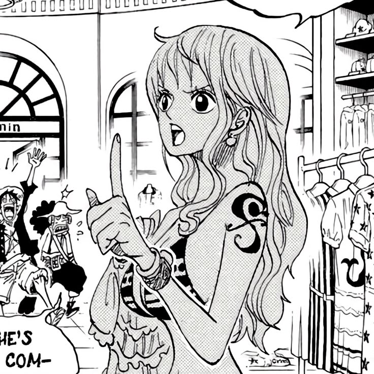 Black-and-white anime drawing of Nami pointing upward in a shop with clothes racks