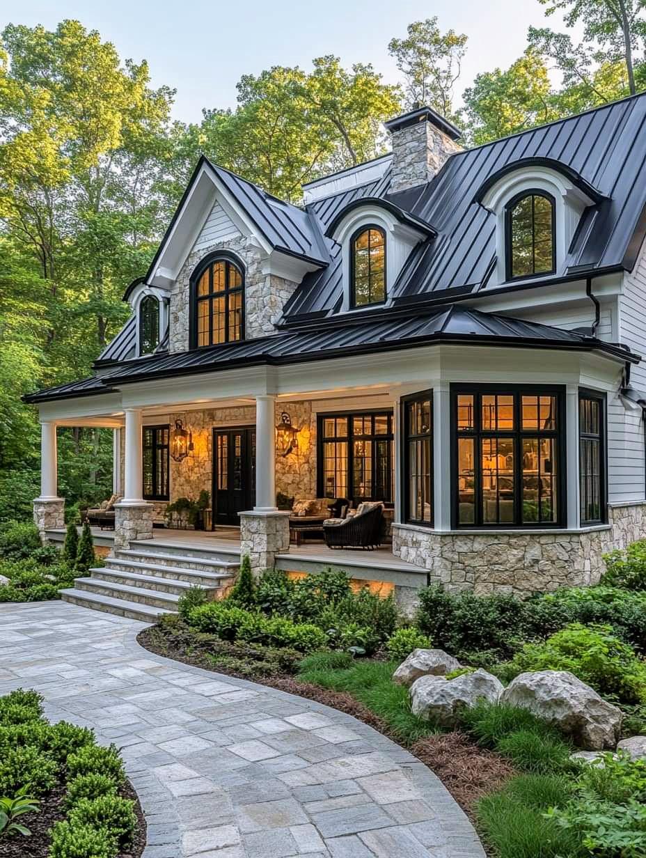 Two-story white farmhouse with dark metal roof and glowing windows at twilight surrounded by trees and paved walkway